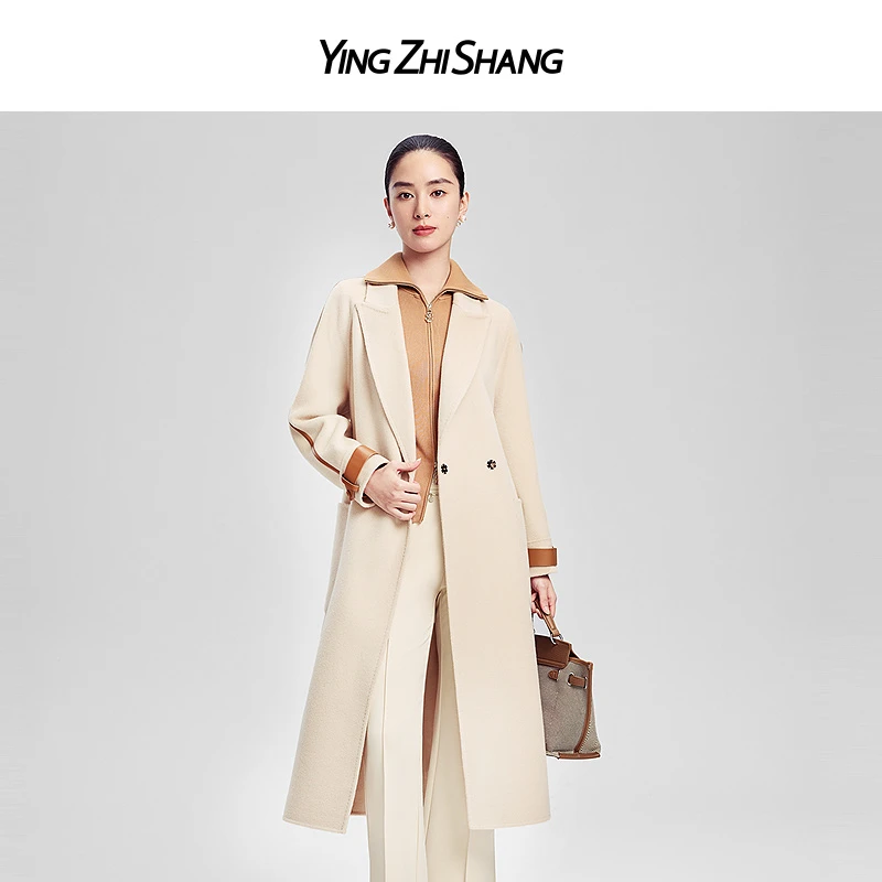 赢智尚高档绵羊毛杏仁白色H型长款毛呢大衣女2024秋冬新ZL00314