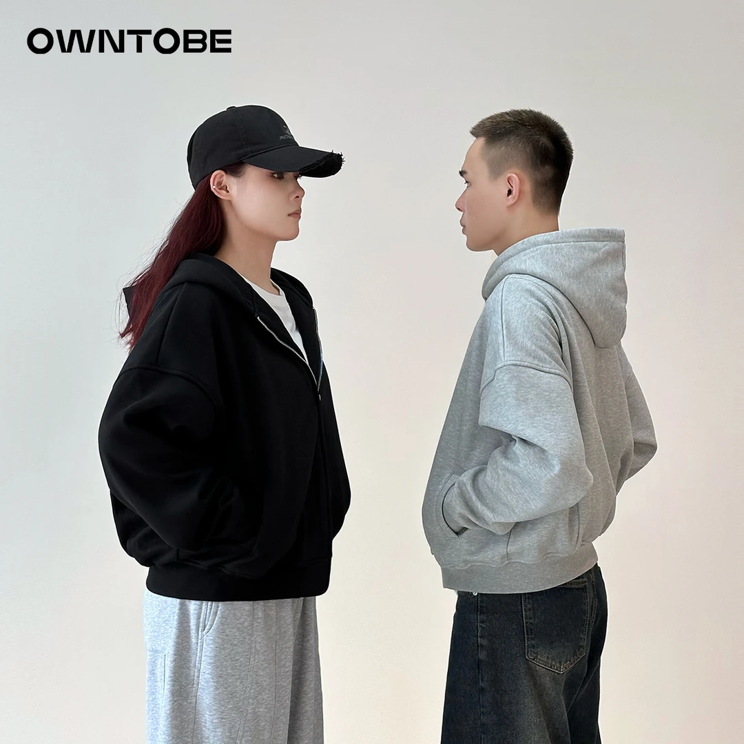 秋冬简约百搭休闲运动连帽加绒外套男美式宽松长袖纯色拉链卫衣