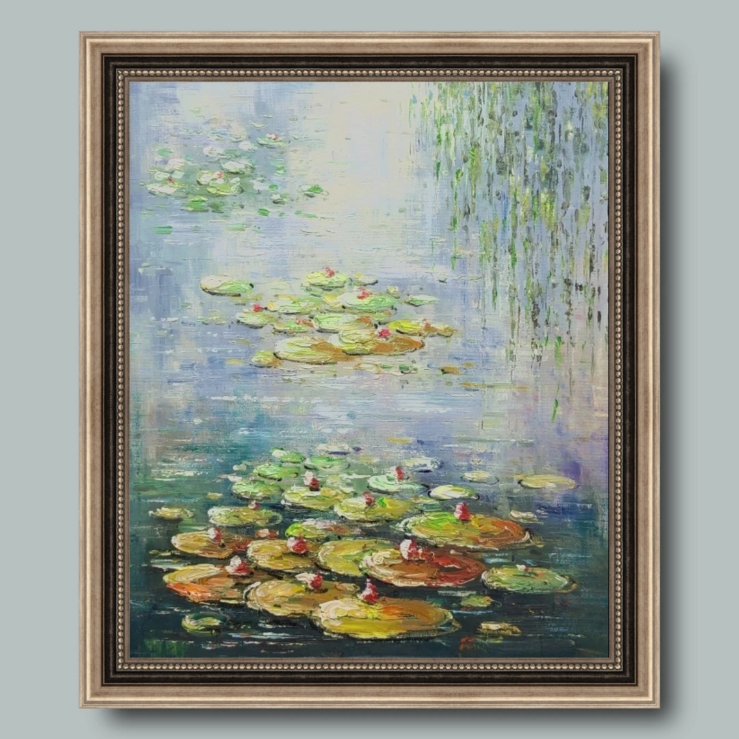 手绘荷塘睡莲肌理油画玄关过道房间书房餐厅客厅现代欧式美式挂画