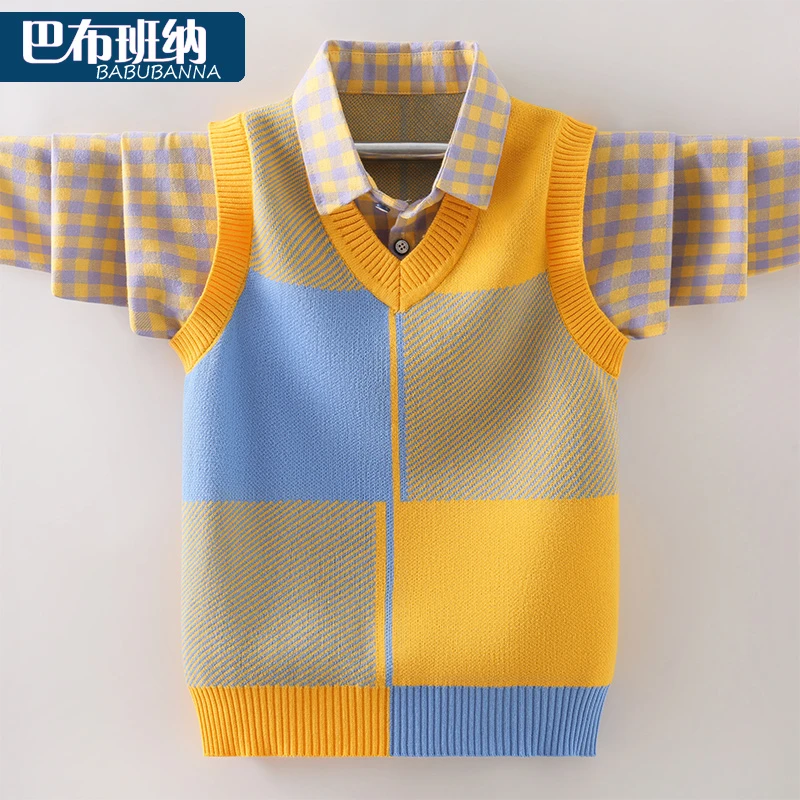 男童毛衣假两件春秋2025新款儿童韩版洋气背心中大童针织衫纯棉潮