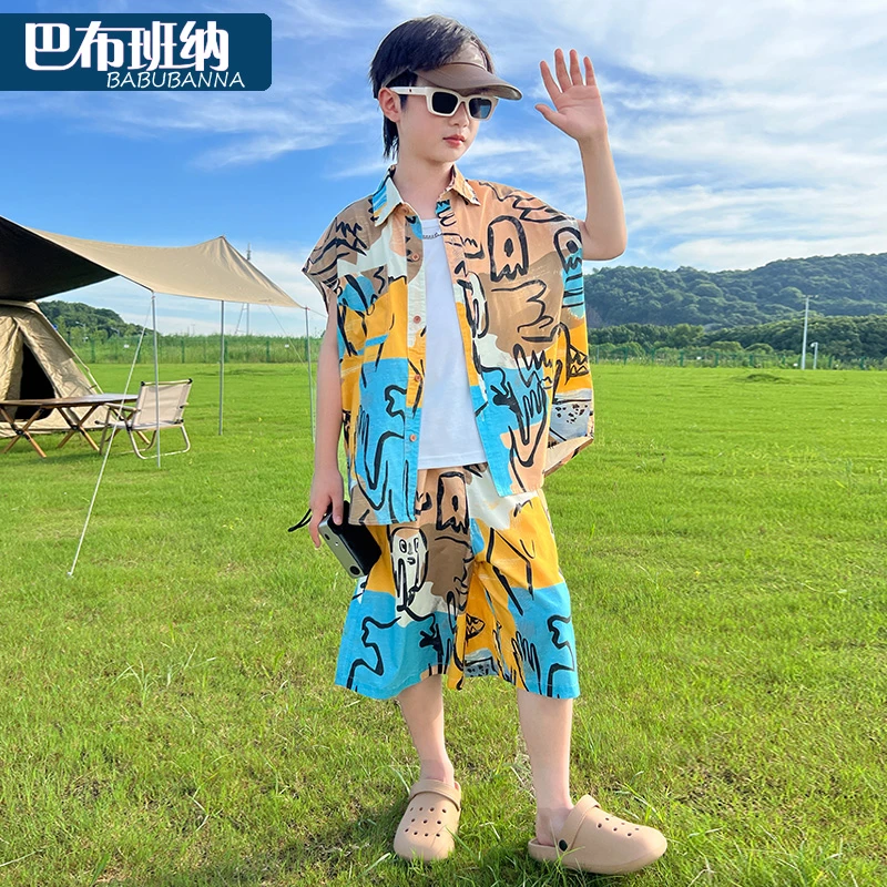 儿童套装夏装2024新款男童无袖衣服夏季大童帅气时髦童装男孩衬衫