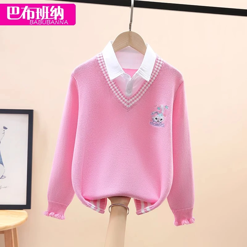 女童假两件毛衣春秋2025新款儿童针织打底衫大童线衣女孩洋气秋冬