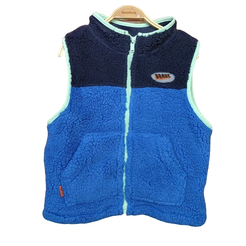 巴拉儿童蓝黑拼色抓绒马甲
