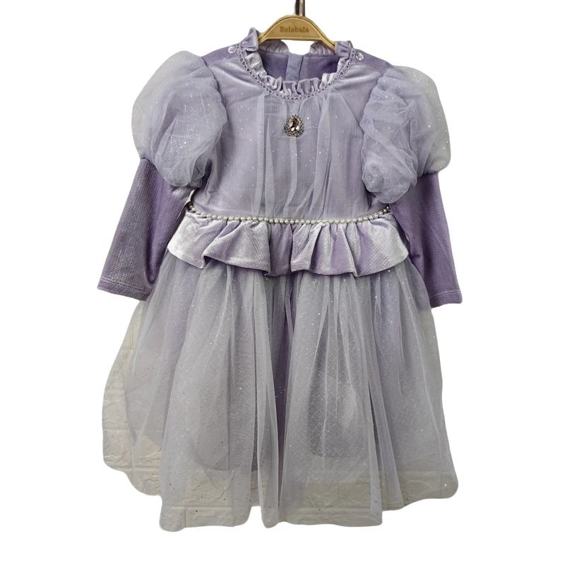 巴拉女童紫色泡泡袖领口粉色水晶公主裙