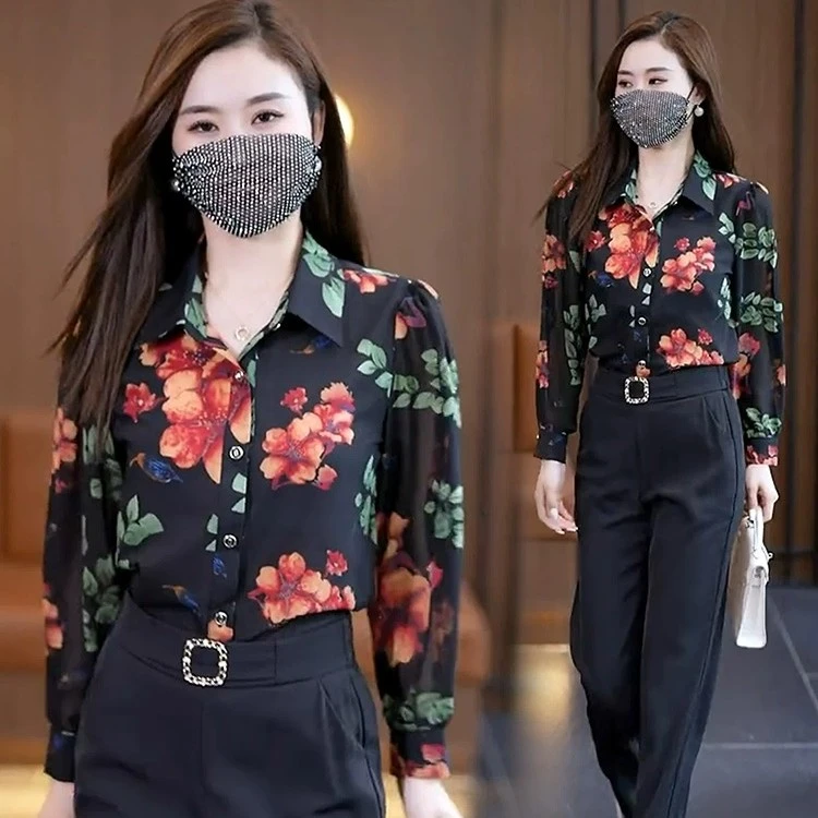衬衫女2023年宽松时尚洋气长袖显瘦时尚印花打底百搭小衫气质上衣