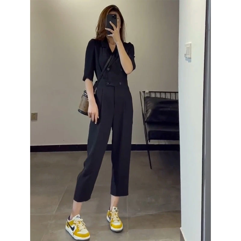西装连体裤女高级感夏季2025年新款法式气质连身裤黑色连衣裤套装