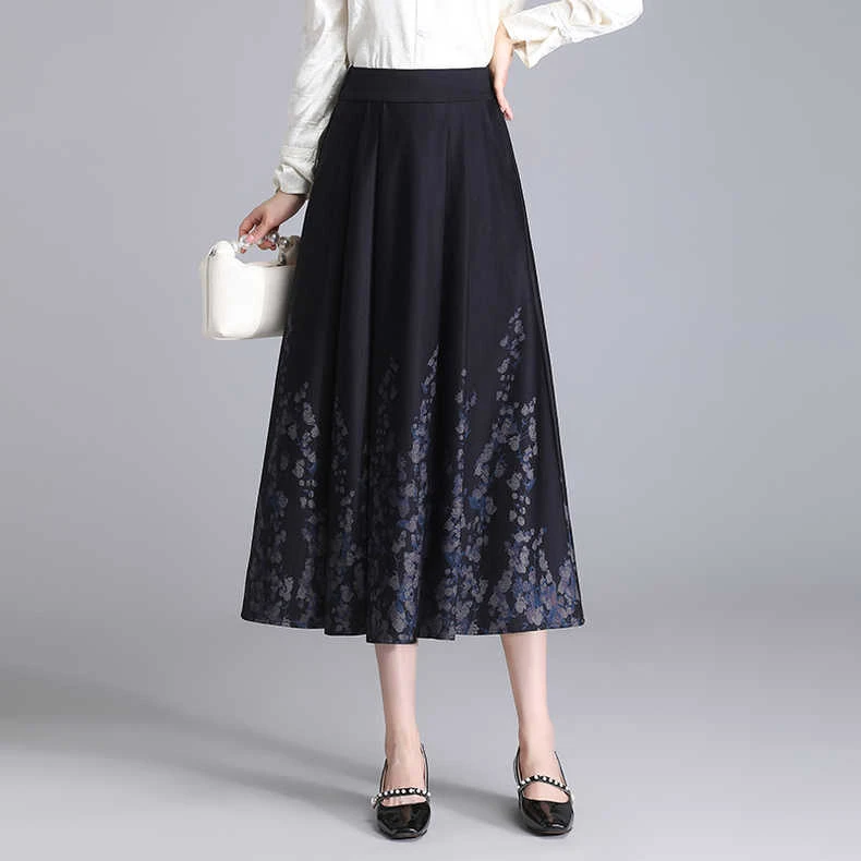 春夏黑色碎花半身裙中老年妈妈款长裙到脚踝大摆裙高腰a字百褶裙