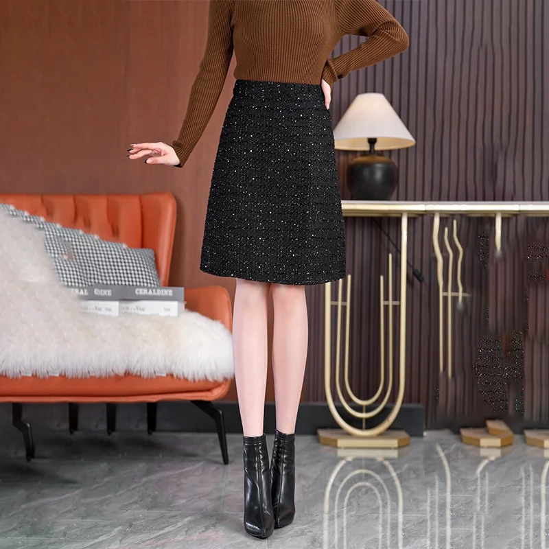 高腰格纹短裙秋冬季高级感a字显瘦半身长裙亮片包臀裙中裙遮肚子