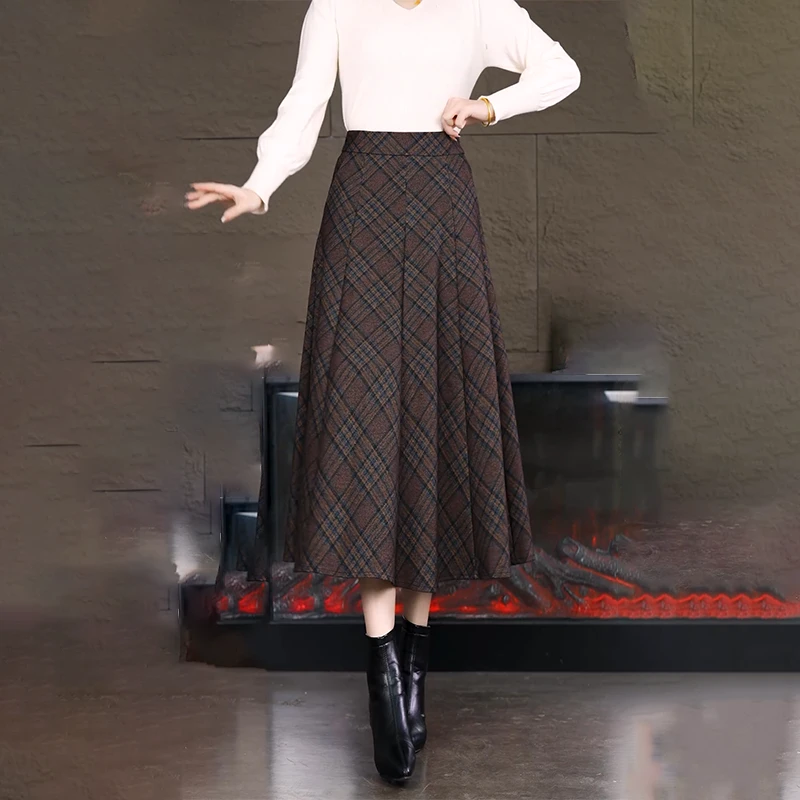女装半身裙中长款高腰女士裙子气质秋冬毛呢复古长裙垂感格子裙