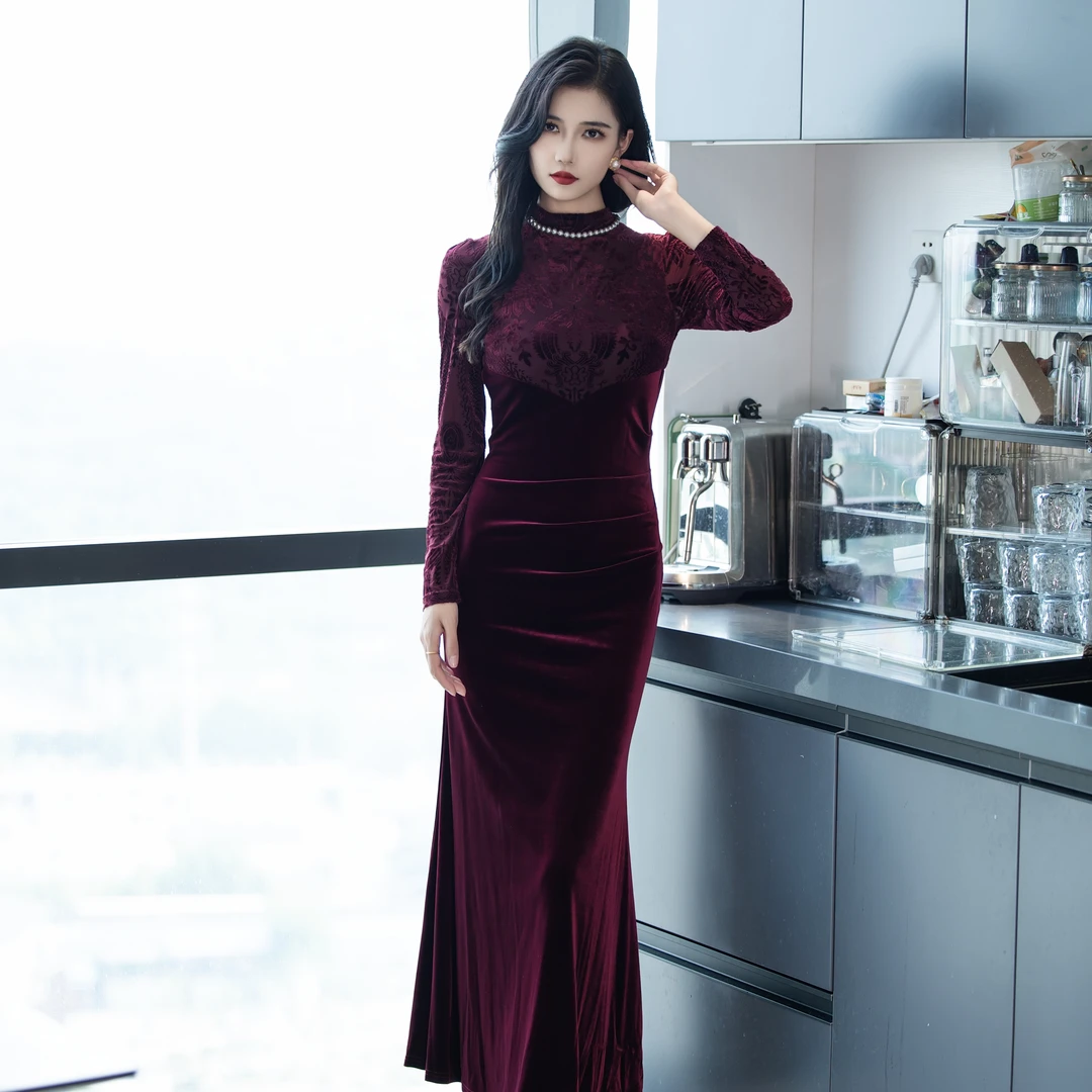 JUJU【红颜如霜】秋冬复古设计修身显瘦丝绒连衣裙-37562