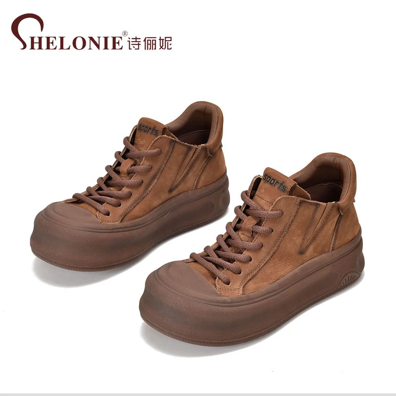 诗俪妮2024秋季新款复古小众百搭真皮做旧系带厚底休闲鞋M2688