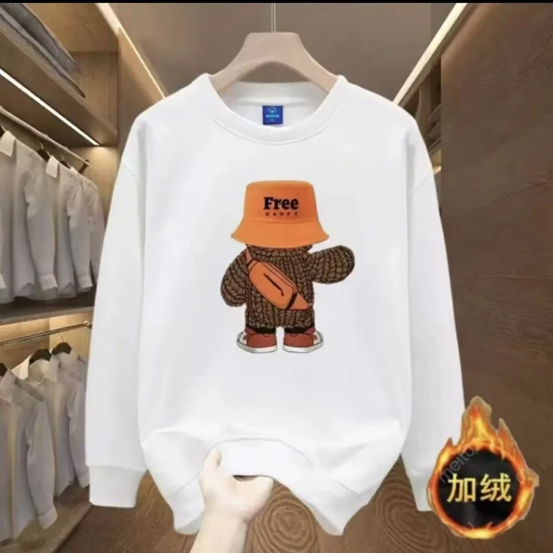 男士秋冬款加绒卫衣时尚休闲圆领印花长袖百搭打底宽松加厚冬季