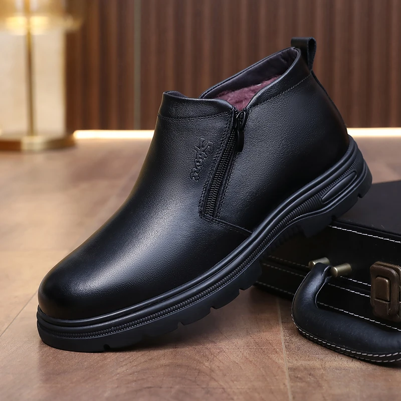 头层牛皮羊毛雪地靴一体男棉鞋加绒防滑保暖中老年爸爸鞋冬季秋冬