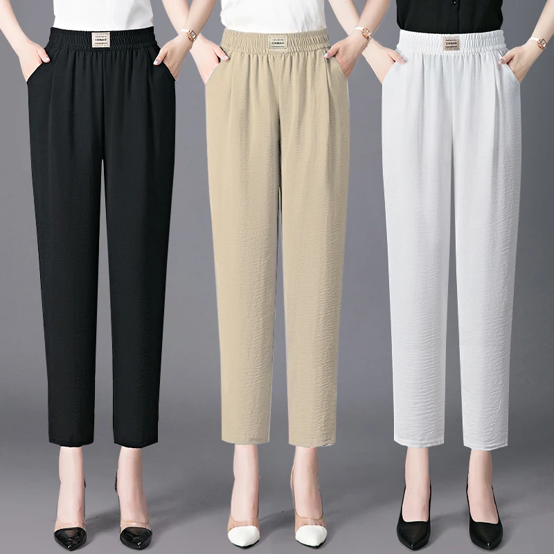 夏季中老年妈妈松紧腰中年直筒休闲裤松紧高腰九分宽松哈伦裤显瘦