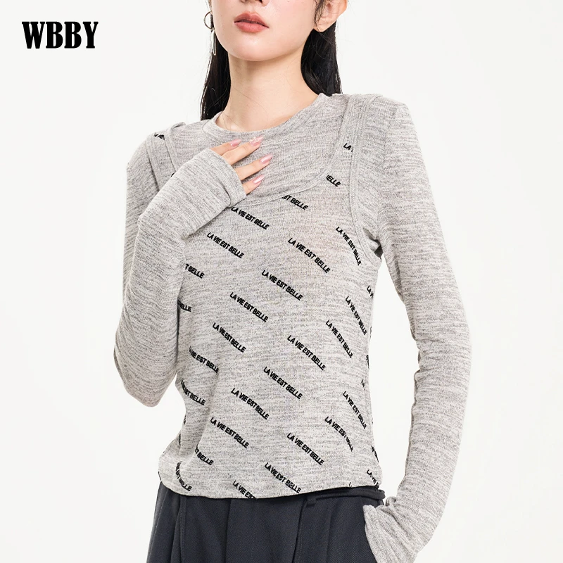 植绒字母假两件上衣叠穿设计感简约风通勤打底衫内搭百搭灰色修身