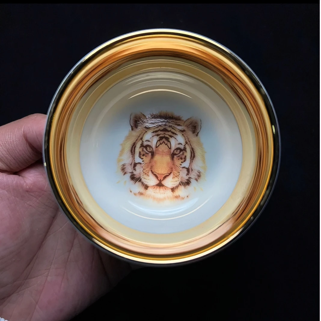 手工高端茶杯【梅花虎】24k鎏金手绘工艺茶杯品茗杯陶瓷金杯主人杯