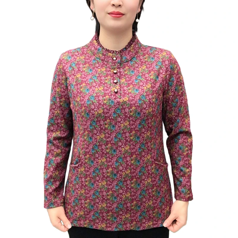 兜兜加厚印花保暖打底衫女中老年妈妈装冬季时尚休闲长袖女士上衣