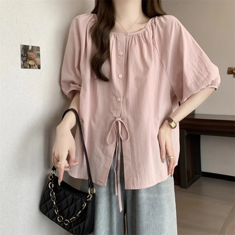 微胖mm大码女装清凉日系减龄系带泡泡袖衬衫夏季宽松女款气质服装