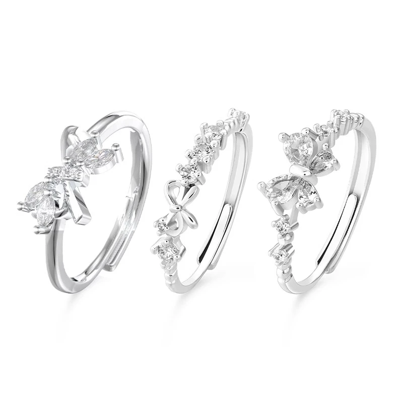 925银戒指 VIVIWELL甜心公主闺蜜对戒三人甜美蝴蝶结开口百搭戒指