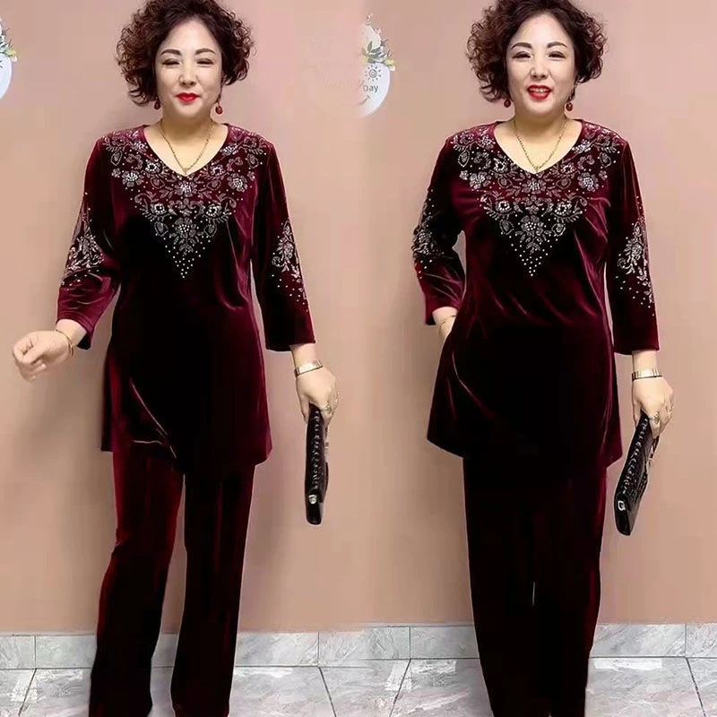 春秋洋气时尚妈妈装套装金丝绒重工烫钻大码显瘦显气质两件套女装