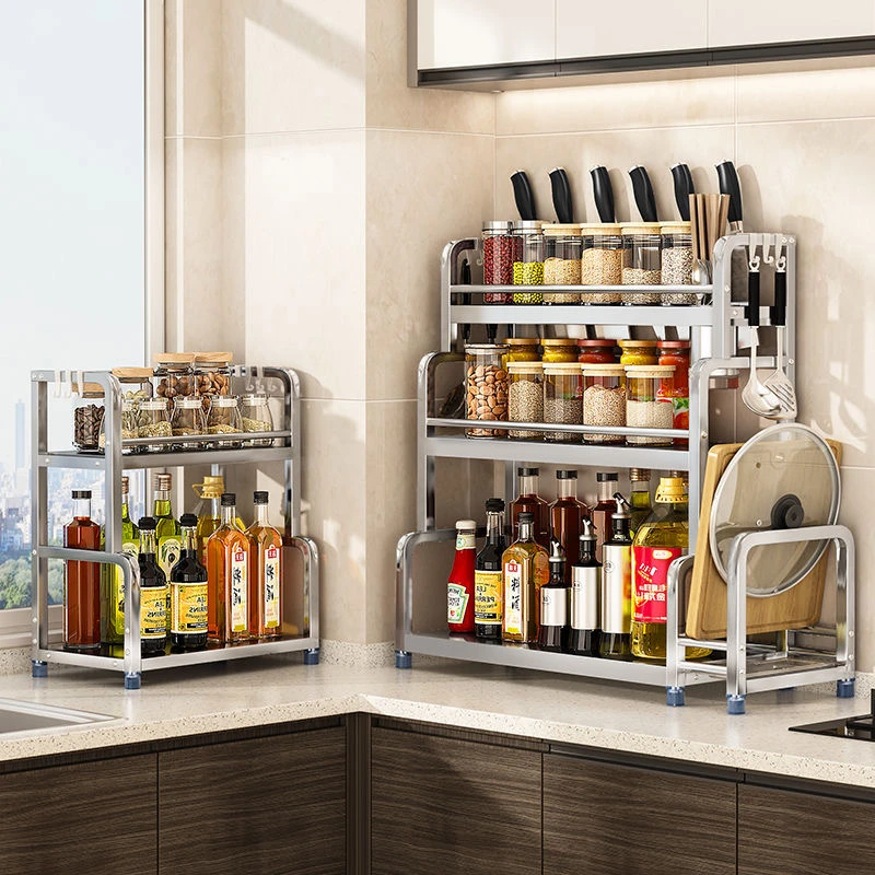厨房收纳置物架落地不锈钢壁挂调料架多功能储物架家用刀架收纳架
