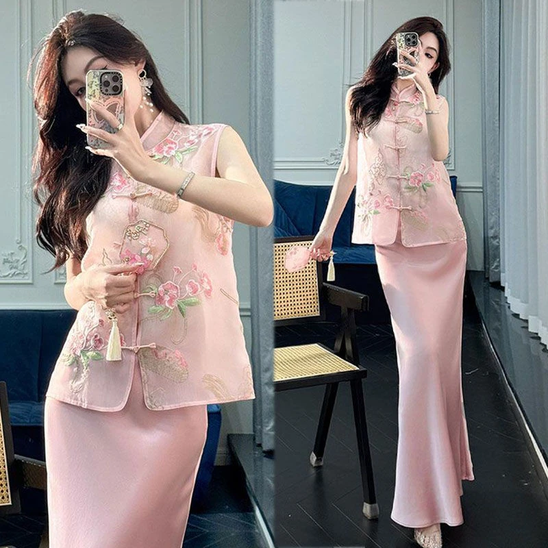 单/套装夏季新款新高端中式盘扣马甲上衣鱼尾半身新中式国风女装