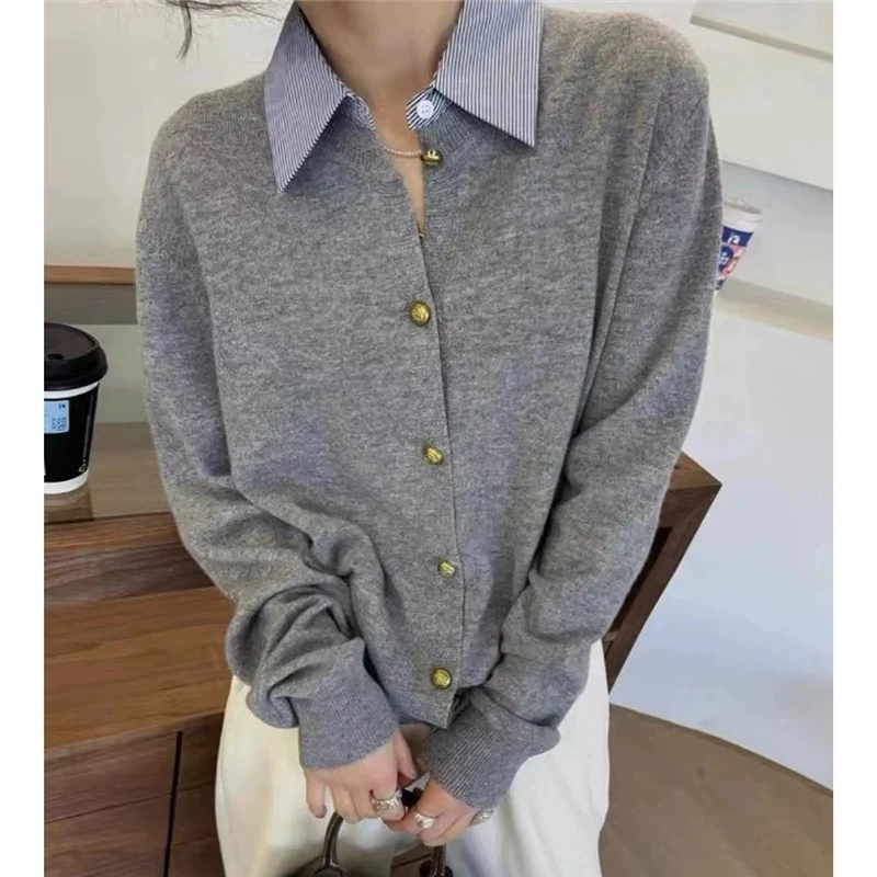 【衬衫领拼接假两件】小金扣软糯休闲绵羊毛针织开衫显瘦百搭潮A159