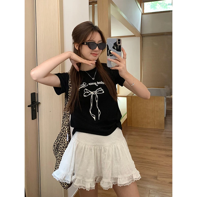 甜美蝴蝶结字母印花圆领T恤女休闲修身显瘦小个子正肩上衣春百搭