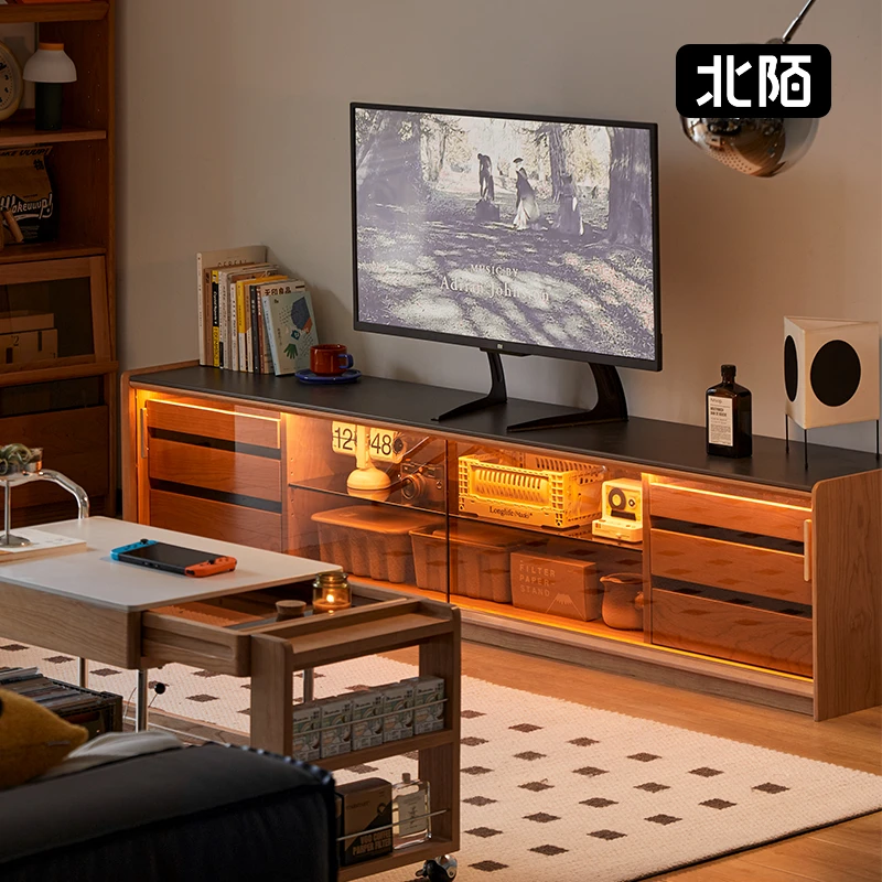 【38好物节】岩板电视柜原木风樱桃木茶几组合家用落地收纳储物柜