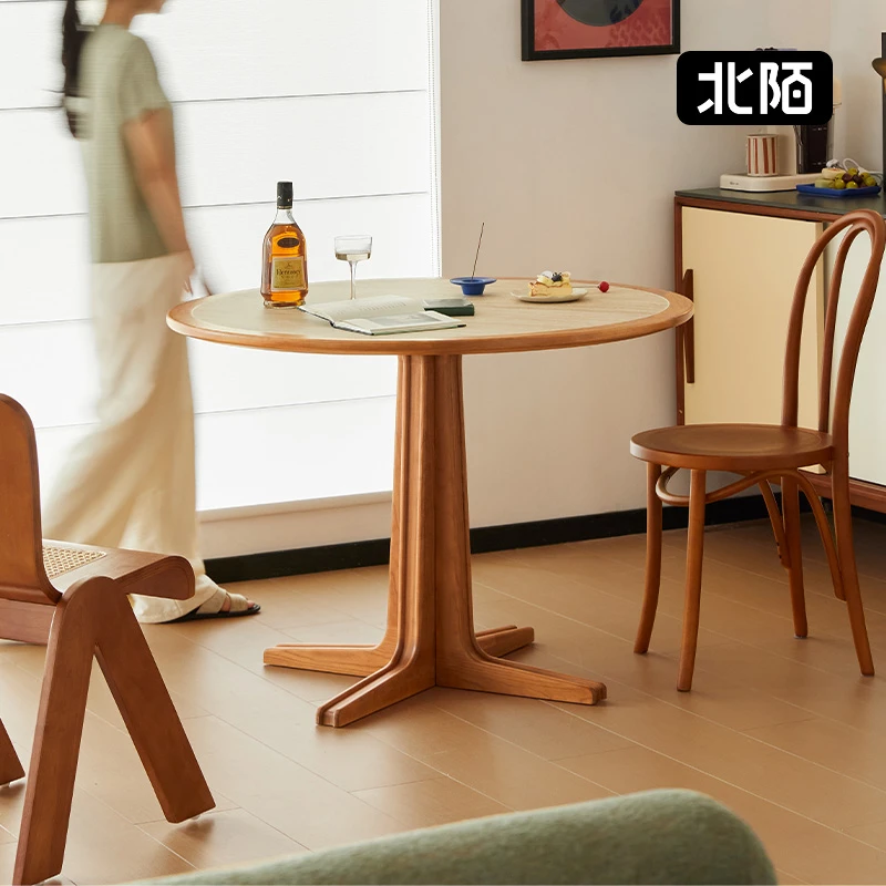 北陌家具岩板餐桌洞石圆桌家用小户型樱桃木中古风圆形餐桌椅