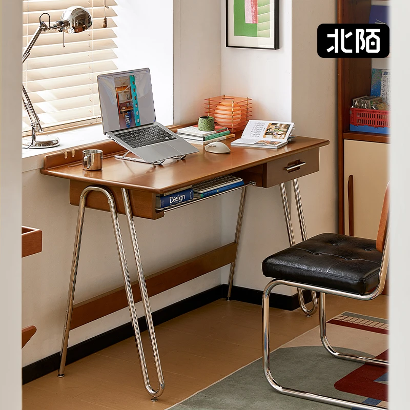 北陌实木书桌黄杨木小户型电脑桌子复古写字工作台家用办公桌