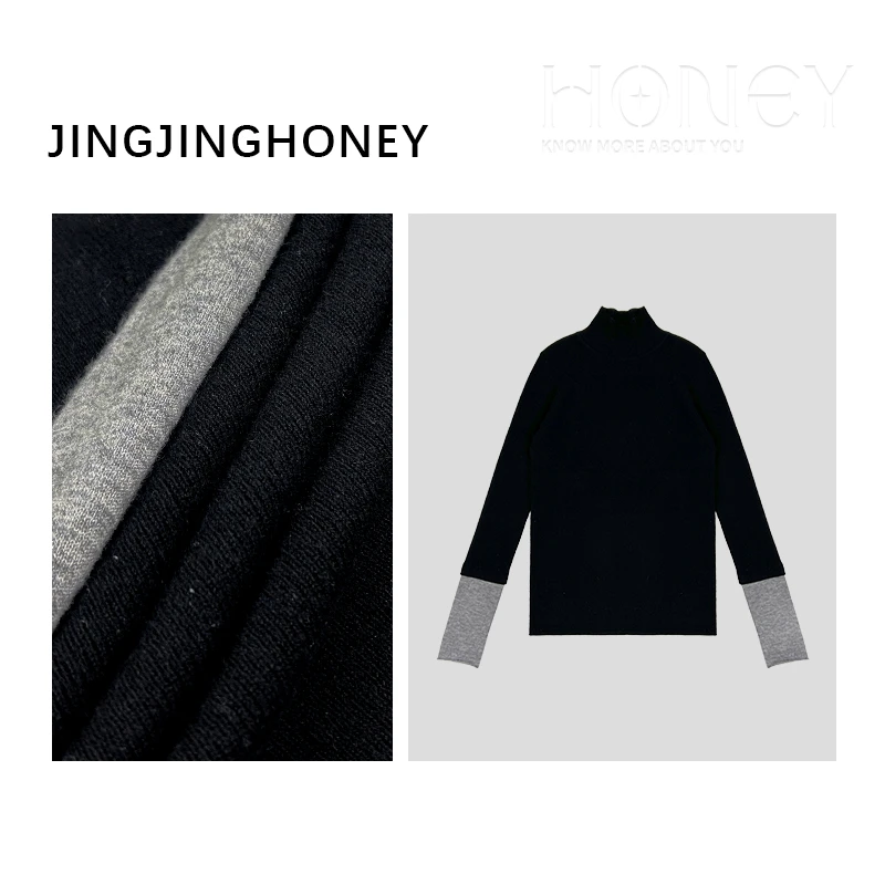 静静哈尼  【拼色羊毛衫】秋冬半高领百搭长袖拼接毛衣M8130