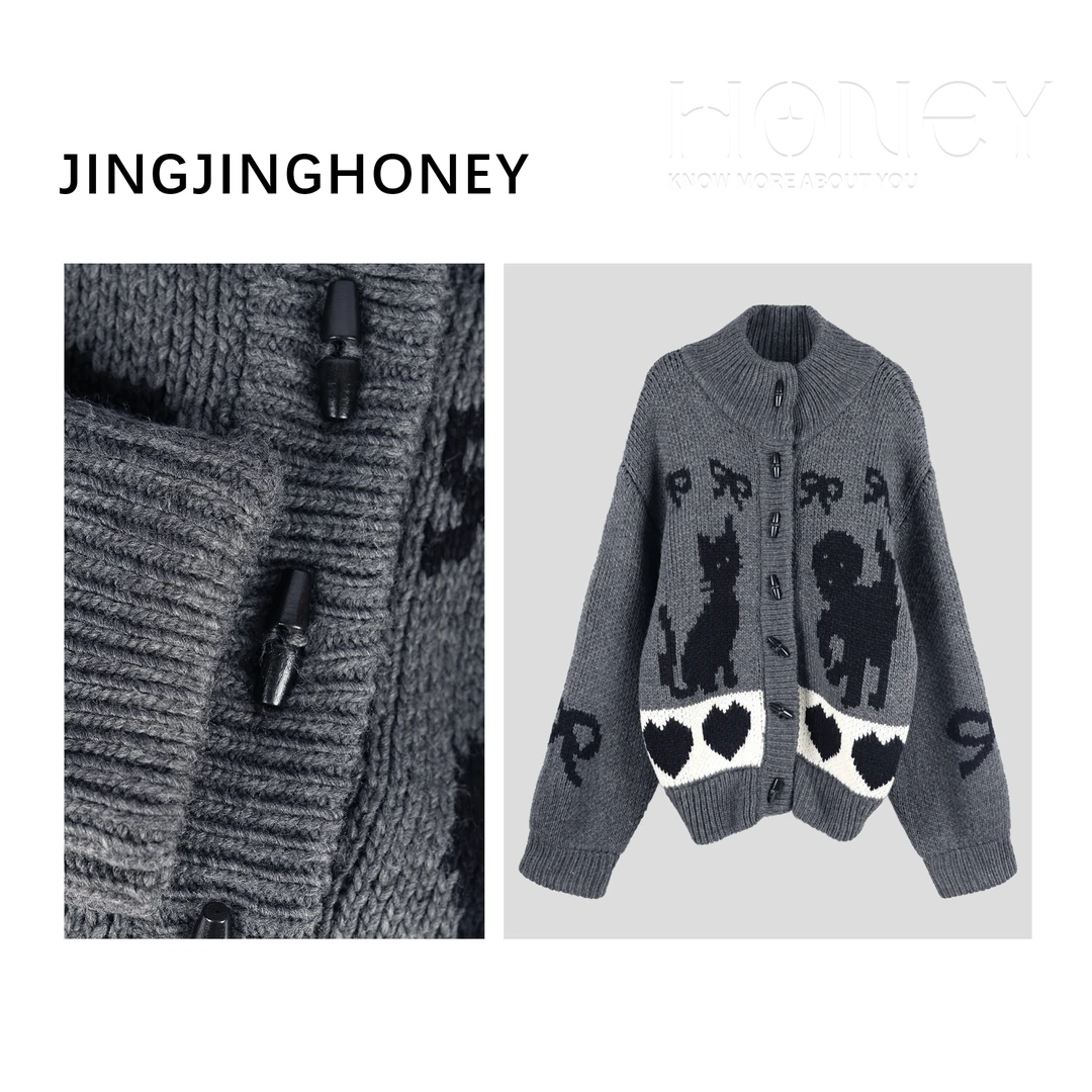 静静哈尼 【卡通毛衣外套】爱心小猫小狗松弛感毛衣外套Z82485