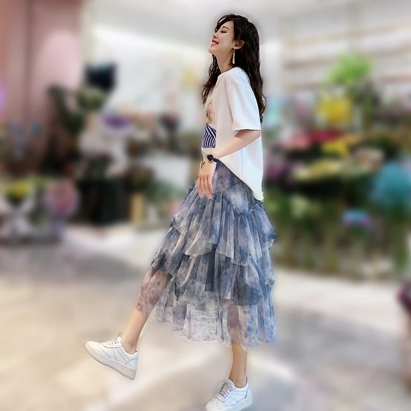 木瓜牛奶夏季爆款时尚休闲短袖订珠T恤洋气不规则渲染半身裙套装