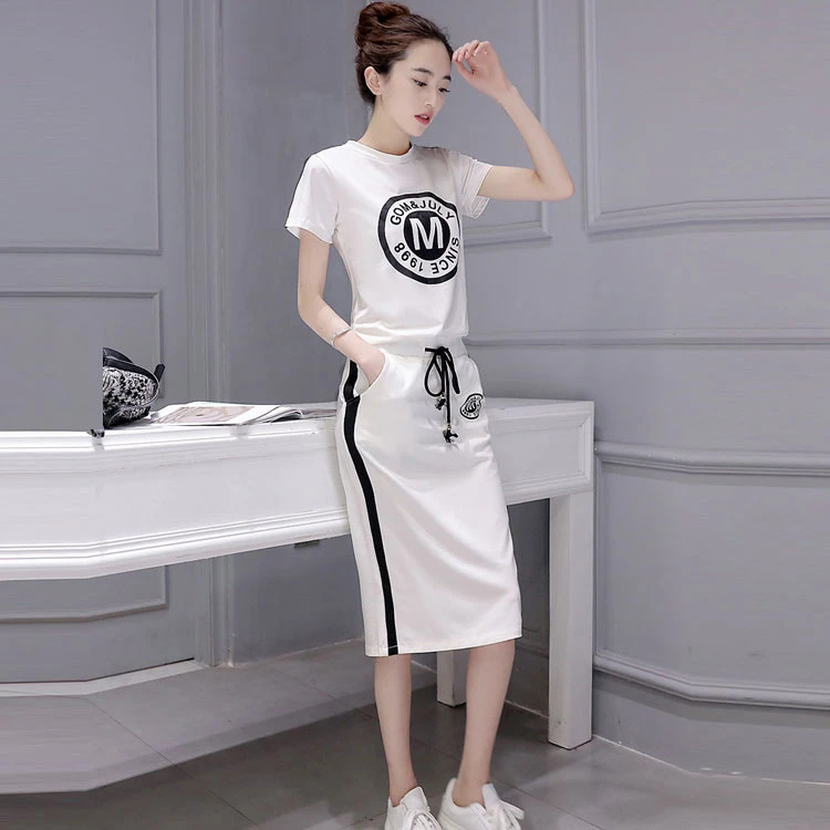 木瓜牛奶夏季爆款时尚韩版休闲显瘦字母印花T恤半身裙两件套装潮