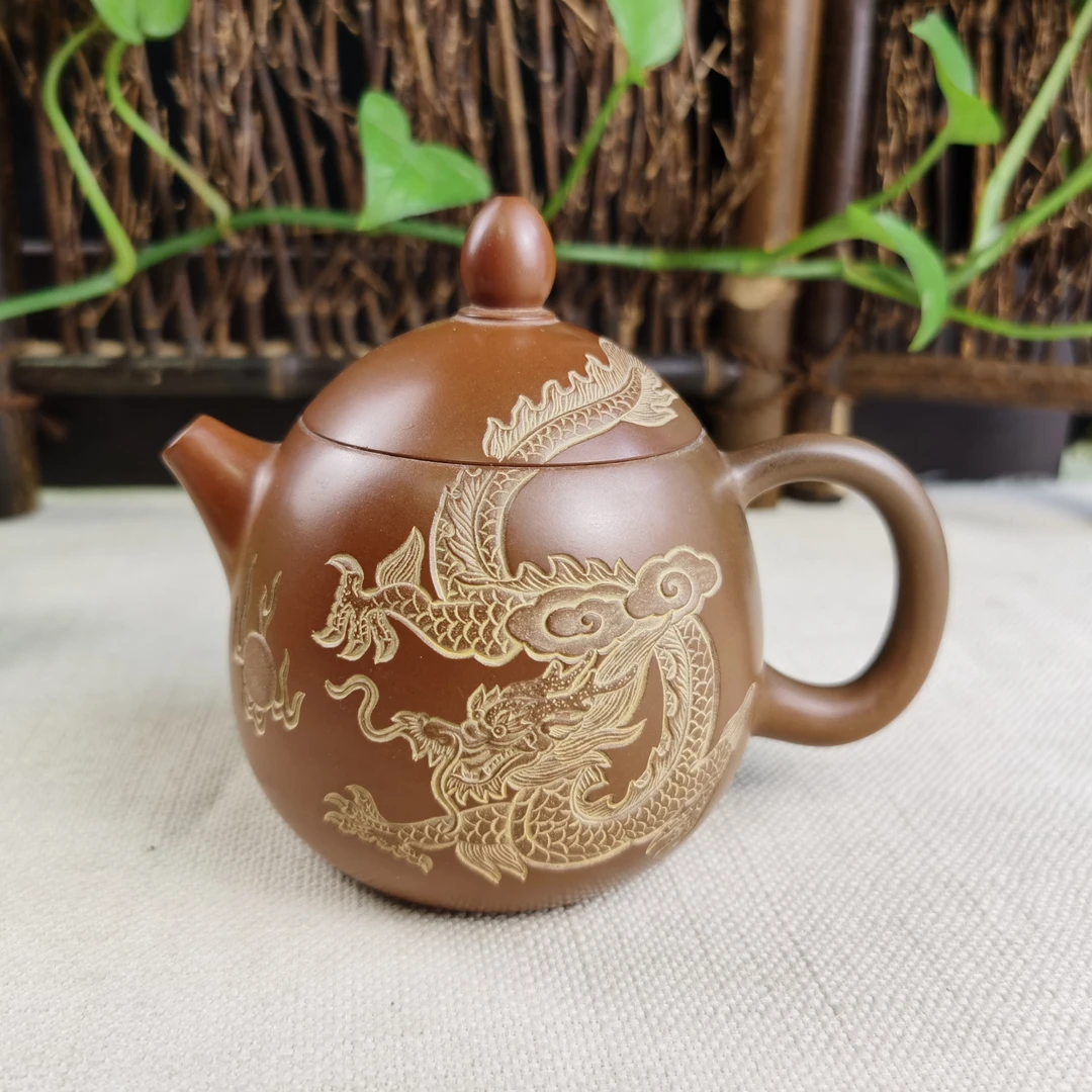 精雕龙纹 省大师精工龙壶260cc 广西坭兴陶龙蛋壶 浮雕刻龙窑变色
