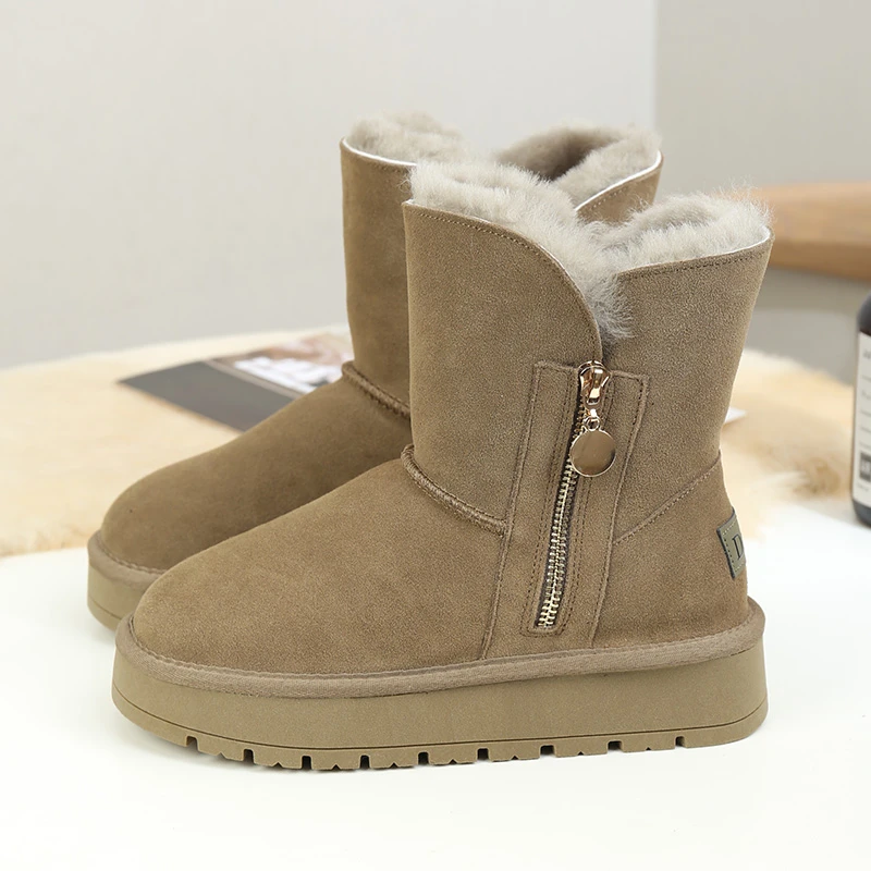 牛皮羊毛一体东北雪地靴中筒女鞋加绒加厚防水防滑增高厚底大棉鞋