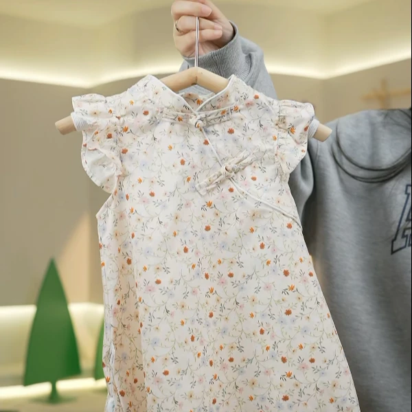 婴为儿女夏款粉色旗袍复古国风儿童时尚童装中式碎花夏季公主女宝