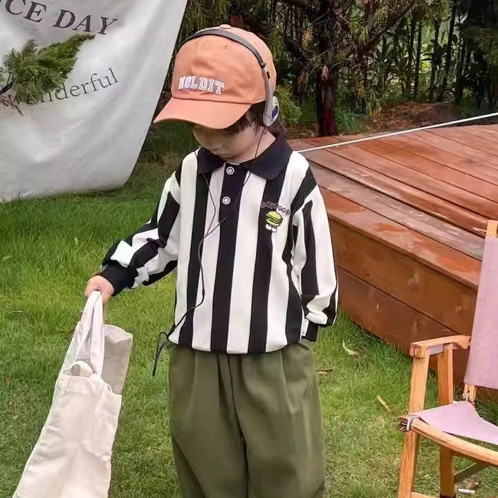 儿童卫衣长袖韩版2024竖条汉堡春秋款POLO衫刺绣翻领套头衫C0195