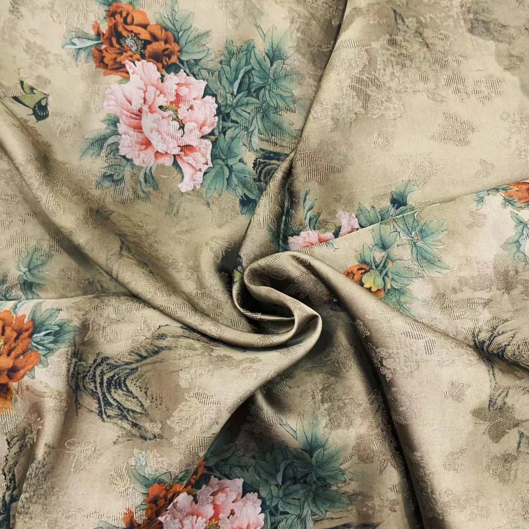 【豆绿牡丹】人丝植物丝香云纱布料