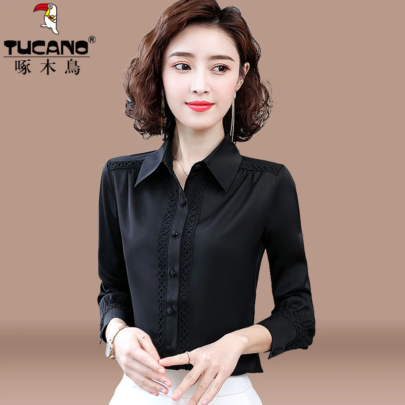 【官方】啄木鸟黑色雪纺衬衫女长袖春秋新款洋气中年妈妈百搭打底衫