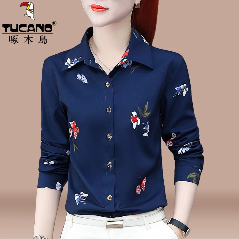 【官方】啄木鸟春秋新款印花雪纺衬衫女长袖洋气中年妈妈装复古碎花