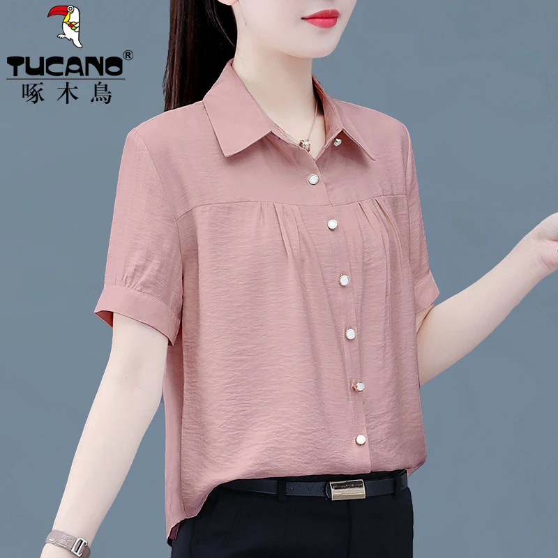 【官方】啄木鸟短袖纯色衬衫女夏季新款气质小衫减龄妈妈装显瘦衬衣