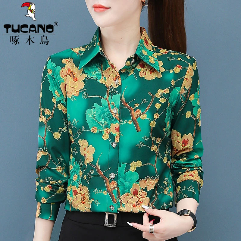 【官方】啄木鸟雪纺印花衬衫女长袖春季新款妈妈装复古洋气百搭衬衣