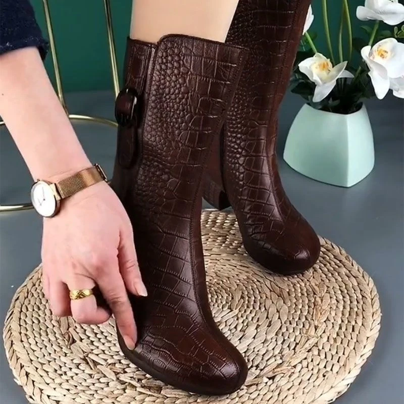 2024秋冬新款时尚中筒靴圆头粗跟加绒保暖舒适复古跳舞妈妈棉靴女