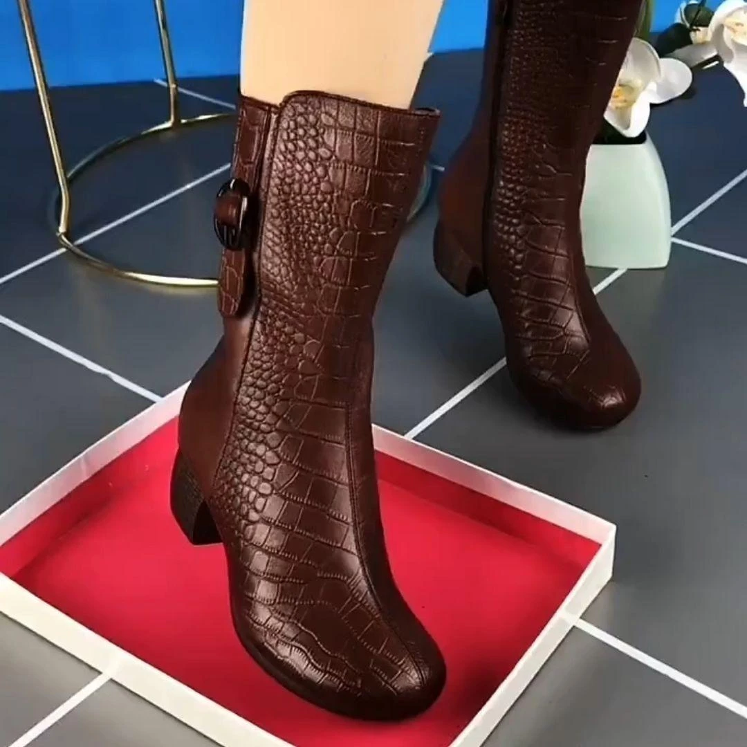 2024新款秋冬新款时尚中筒靴圆头粗跟加绒加厚保暖舒适妈妈时装靴