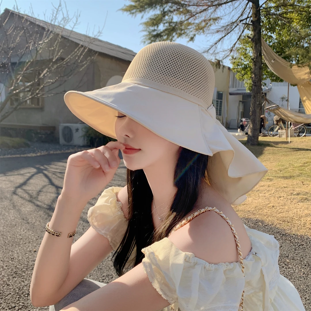 2023新款镂空透气蝴蝶结渔夫帽子女士夏天海边出游大沿沙滩遮阳帽