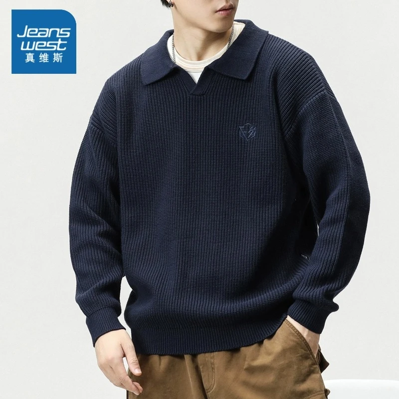 真维斯美式复古翻领针织衫男士春秋季潮牌宽松polo衫慵懒套头毛衣