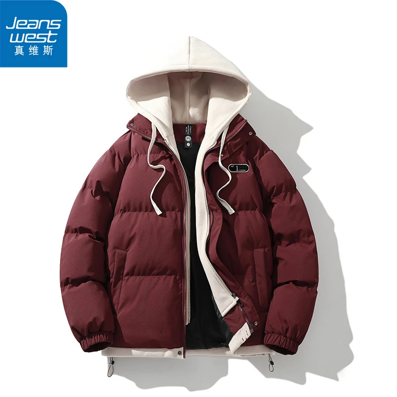 真维斯假两件连帽棉服男士秋冬季加厚保暖宽松棉袄棉衣情侣外套