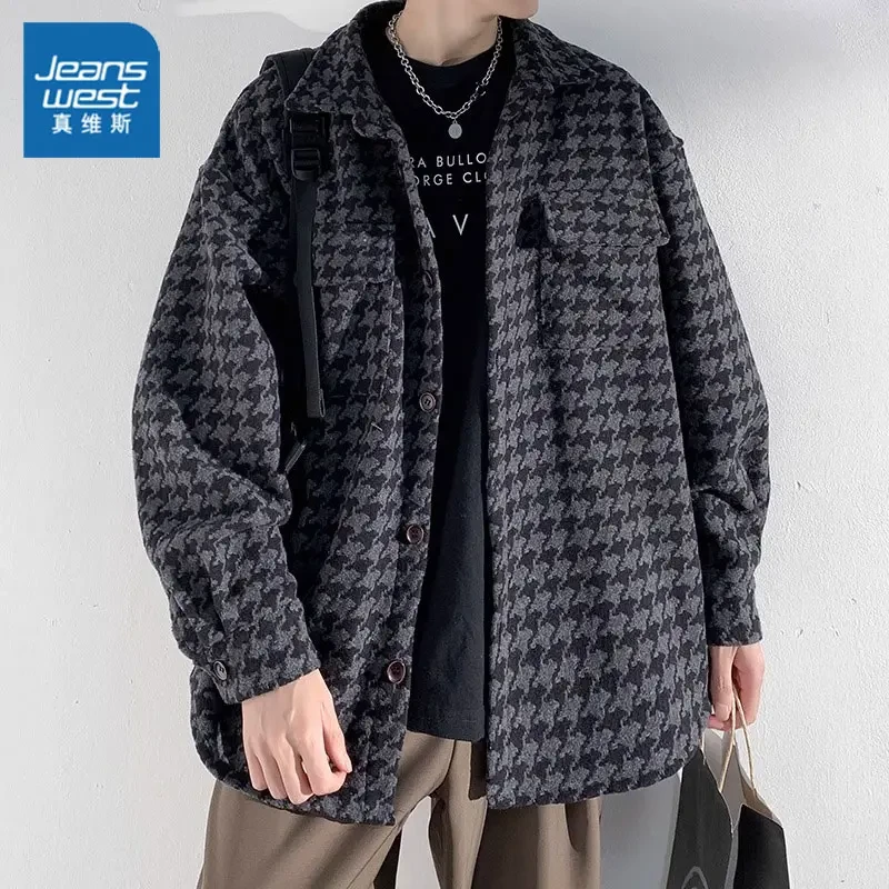 真维斯千鸟格毛呢外套男士秋冬季加绒美式复古宽松小香风夹克